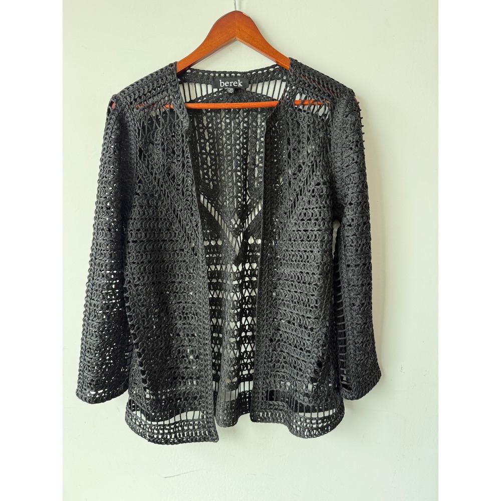 Berek Black Crochet Open Front Cardigan Petite XS Open Knit Lightweight Sweater